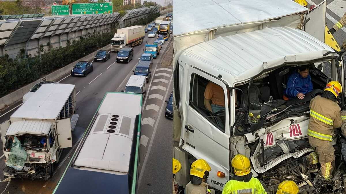 粉嶺公路兩貨車相撞 2人一度被困